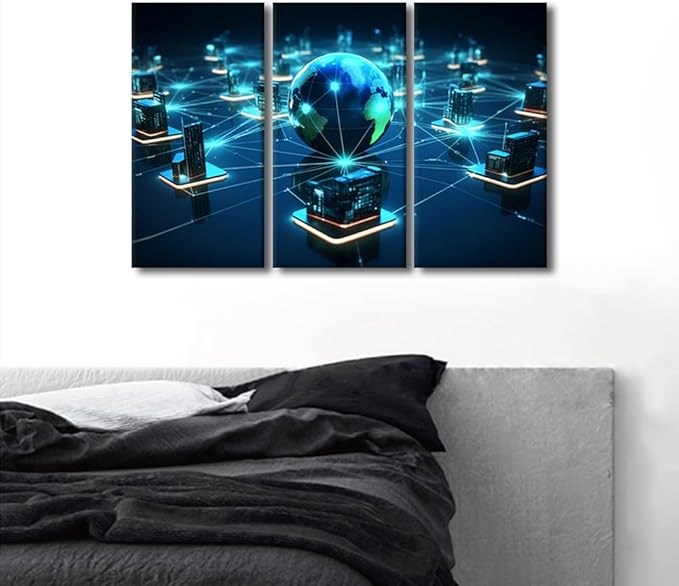 3 Panel Modern Wall Art Centralized Network Architecture Pictures Print on Canvas for Home Wall Decorations, Concepts Artwork Wooden Framed Gallery-Wrapped Ready to Hang, 36" Wx24 H