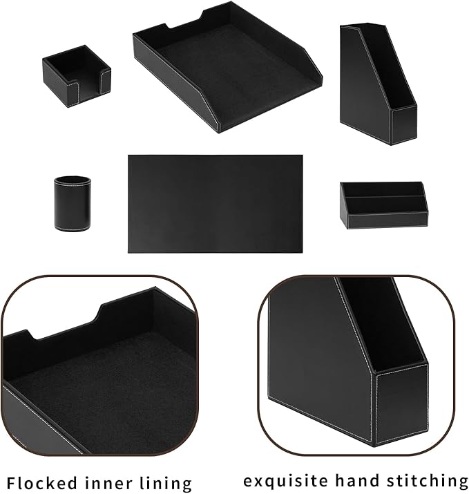 Office Supplies PU Leather 6-Piece Set Desk Organizer,Include Writing Pad,Letter Tray,file folder Sorter/Magazine Holder,Pen Cup,Note Holder,Business Card Holder,Man/Woman Office Gift,Black