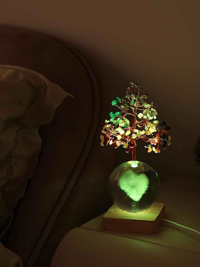 Crystal Tree of Life for Positive Energy, 7 Chakra Healing Tree with Multicolor Night Light for Home, Office, Desk Decor, Unique Birthday Gift for Women Girl (3D Heart)
