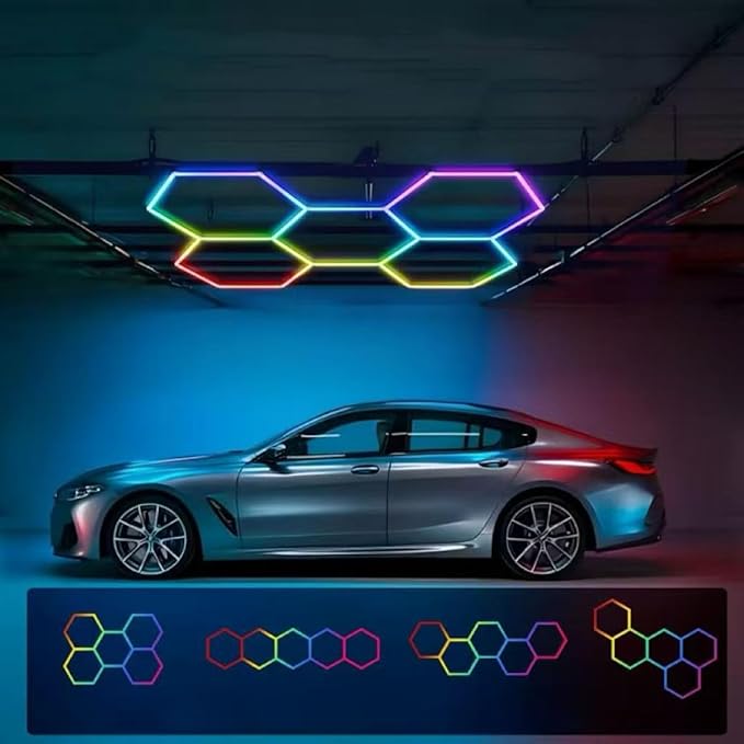 25 Pack RGB Hexagon Garage Light Kit, 5 Hex Panels with Music Sync, Color Changing LED Lighting, App & Remote Control, DIY Honeycomb Design for Garage, Gym, Workshop, Gaming Room