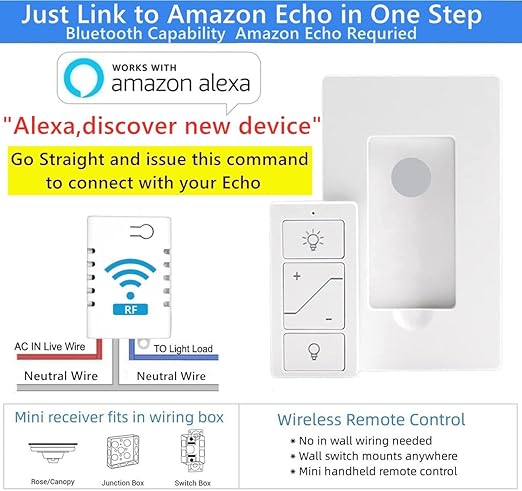 Nexete Wireless Dimmer Switch,1 Receiver and 2 Remotes Kit,Wireless Dimming Remote Control,Bluetooth Work with Amazon Alexa Only,Voice Control,Fixture for Ceiling Lights Lamps