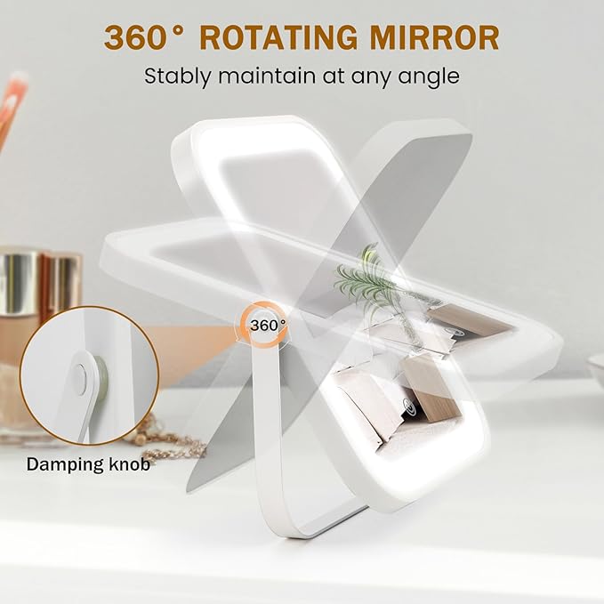 Rechargeable Vanity Mirror with Lights, 10"×8" Makeup Mirror with Lights, 1500mAH Battery, Smart Touch with 3-Color Lighting, Dimmable, HD Desk Mirror, Women Gift, Travel Essentials (White)