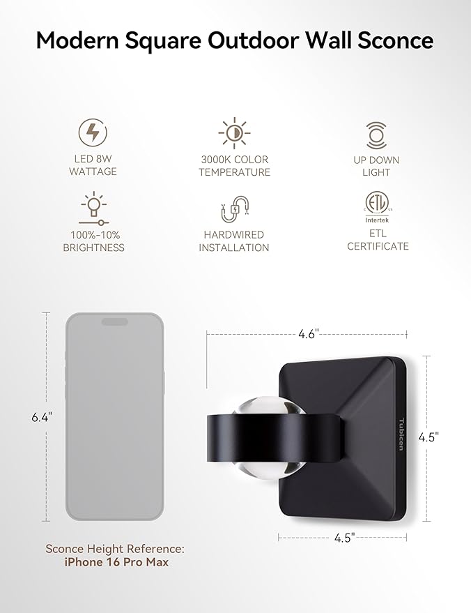 Tubicen Dimmable Wall Sconce Indoor Hardwired 8W Bright Focus LED Up Down Wall Lights for Living Room Hallway Stairway Movie Theater Sconces Lighting Black 3000K Warm White