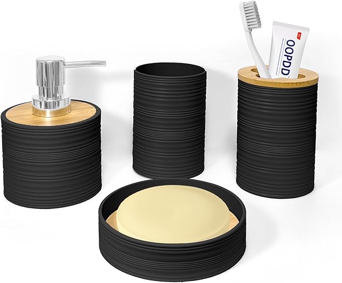 Bathroom Accessories Set 4 PCS, Bamboo Bathroom Accessory Set Includes Soap Dish, Soap Dispenser, Toothbrush Holder, Toothbrush Cup, Bathroom Sets Accessories, Boho Bathroom Decor(Black)