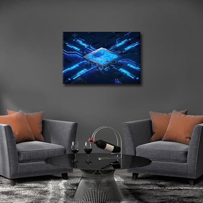 TUMOVO Canvas Art Wall Decor CPU Concept Bedroom Wall Art Pictures for Living Room Digital Chip Wall Painting Central Computer Processors Modern Wall Art Stretched and Framed Ready to Hang 18x12in