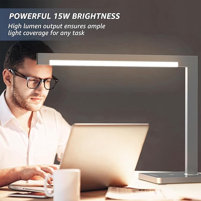 Aluminum LED Desk Lamp with Charging Station, 15W Table Lamp with Type-C Ports & 4 Color Temperature Modes(3000K-6000K), Dimmable Reading Light for Home Office,Bedroom (Includes Adapter)