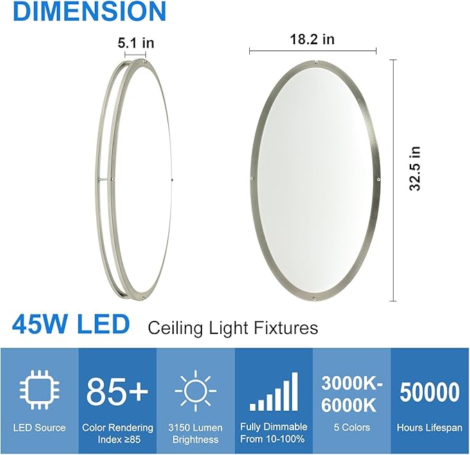 DLLT Flush Mount LED Ceiling Light: 32 Inch 5CCT (3000K-6000K) & Dimmable Ceiling Light Fixtures for Bedroom Hallway - 45W Modern Brushed Nickel Super Bright Kitchen Lighting Fixtures Ceiling