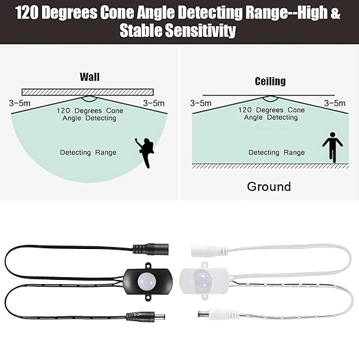 2PCS Mini Pir Motion Sensor Switch, DC 5-24V Auto PIR Infrared Motion Sensor Detector LED Light Strip Switch 5.5 DC Plug for DIY LED Lighting, Light Sensor, Time & Distance Adjustable (Black & White)