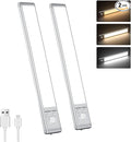 Motion Sensor Under Cabinet Lighting-Magnetic Rechargeable Closet Lights for Kitchen,Stairs,Wardrobe | 3-Color Dimmable LED Under Counter Lighting | Cord-Free Light Bars (9.5inch-2Pack)
