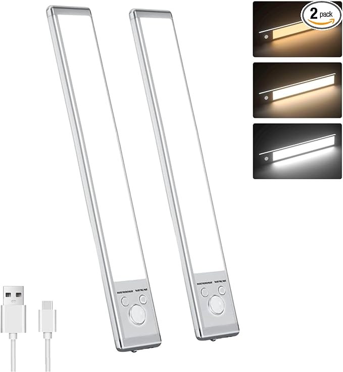 Motion Sensor Under Cabinet Lighting-Magnetic Rechargeable Closet Lights for Kitchen,Stairs,Wardrobe | 3-Color Dimmable LED Under Counter Lighting | Cord-Free Light Bars (9.5inch-2Pack)