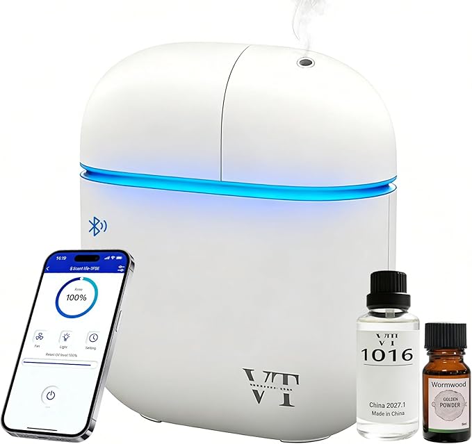 Waterless Essential Oil Diffuser Suit for 2000 Sq. Ft Includes 2 Premium Oils Room Home Hotel Office, Machine with Bluetooth App, Powerful Nanotechnology System Powered by Battery or Adapter