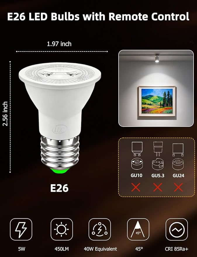ILC Par16 LED Light Bulbs 40 Watt Equivalent Color Changing E26 Screw 45°, 12 Colors Dimmable Daylight White 5000K RGB LED Spot Light Bulb with 5W Remote Control,(Pack of 4)