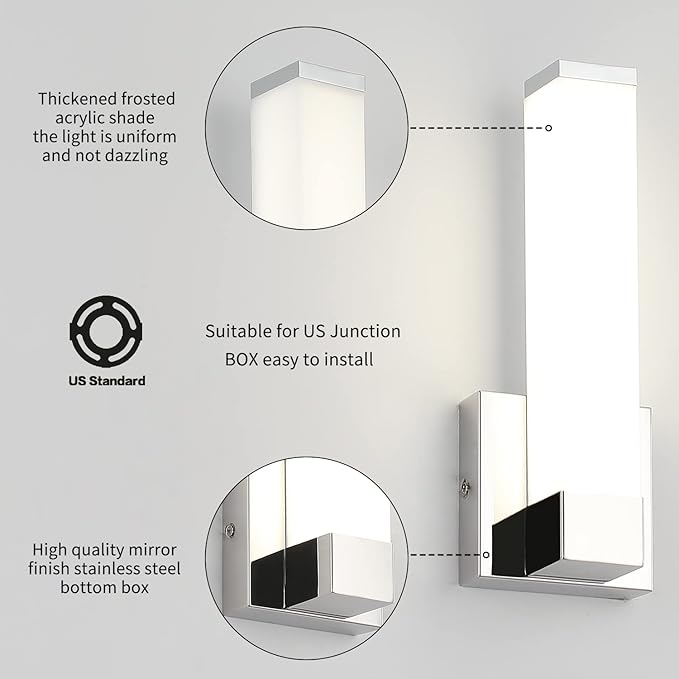 Chrome Wall Lights for Bedroom Modern Indoor LED Hallway Sconces Corner Light 12" Inch Height 12W 4000K Bedside Stair Sconces Wall Lighting Lamps 110V AC