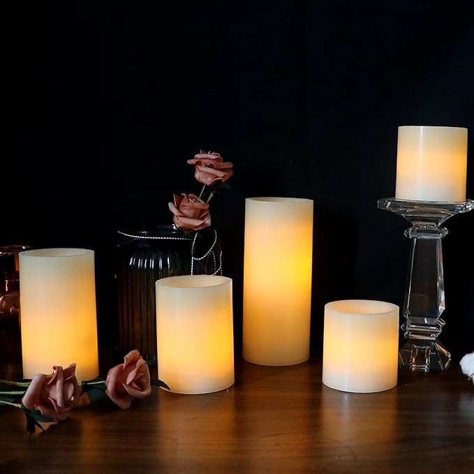 Eldnacele LED Flameless Flickering Candles Optical Fiber Wick with 10-Key Remote and Timer, Battery Operated Wax Candles Set of 6 Home Decoration(D3 x H3 4" 5" 6" 7")
