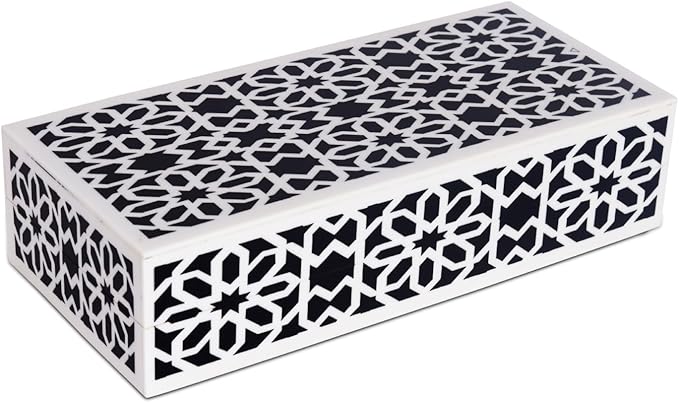 Handicrafts Home Decorative Storage Box with Lid, Black White Persian Mosaic Box, Islamic Rosette Pattern Coffee Table Organizer, Keepsake Box for Living Room & Console Decor, Shiraz 10 x 4.5 x 2.5