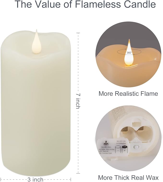 Flickering Flameless Candles with 3D Moving Flame, Last 1000+ Hours Battery Operated Candles with Timer, Ivory Real Wax Pillar Electric LED Candle for Wedding Christmas Party/3" x 7"