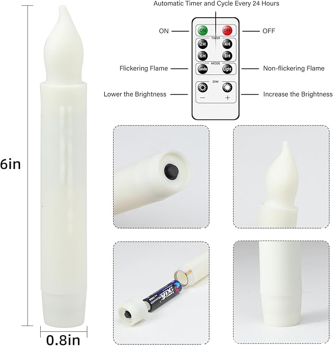 Flameless Candles with Remote, Battery Operated Candlesticks, Led Taper Candles with Timer, Flickering Electric Candleslights for Home Party Christmas Decor H: 6 inches 12 Packs