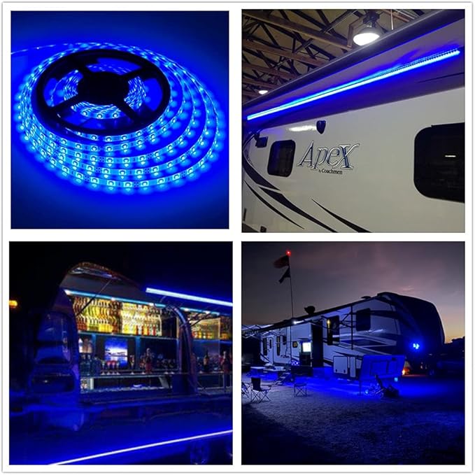 RV Awning Lights, 12V 16.4FT Blue Camping Awning Lights, Motorhome Travel Trailer Food Trucks Van Waterproof Canopy Led Strip Lighting, RV Exterior Underglow Light