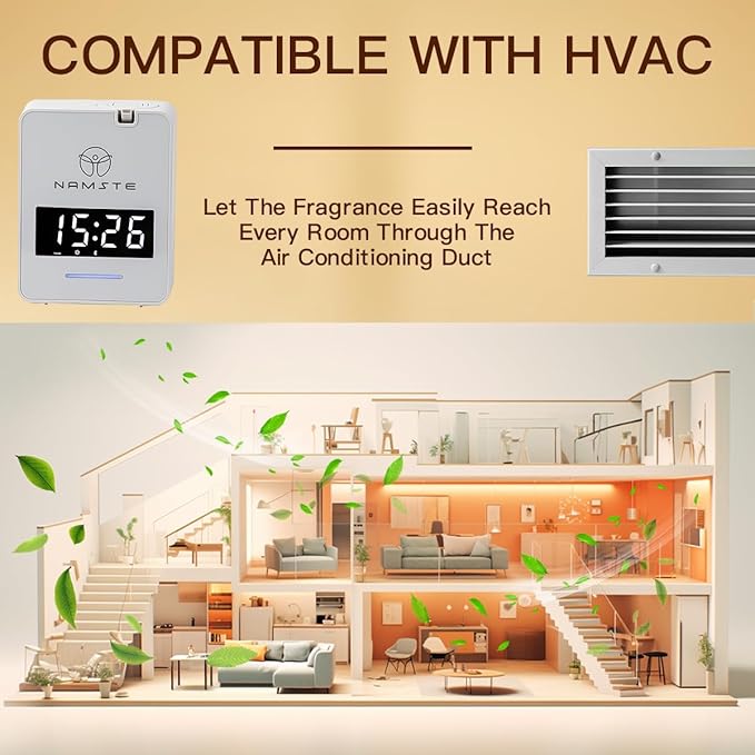 Waterless Diffuser - HVAC System Essential Oil Diffuser with Clock - Whole House & Hotel Coverage 3000 Sq. Ft, 300ML Scent Machine Smart Oil Level Monitoring, Bluetooth Control, Cold Air Tech