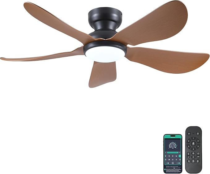 46 Inch Modern Ceiling Fans with Lights, Flush Mount Ceiling Fan, Remote/APP Control, 5 Reversible Curved Blades, 6 Speeds, 3 CCT Dimmable LED Lights for Bedroom Kids Room, Brown