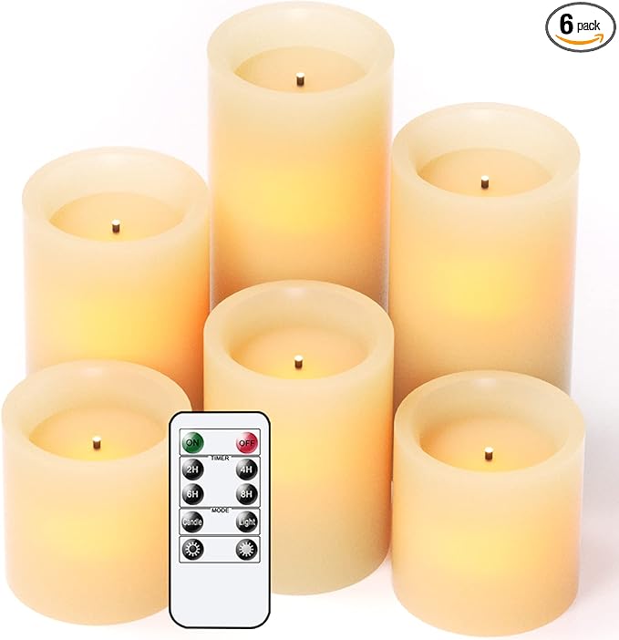 DRomance Flameless Flickering Candles Battery Operated with 10-Key Remote and Timer, Set of 6 Real Wax Optical Fiber Wick Warm Light LED Pillar Candles Christmas Decoration(Ivory, D3" x H3"4"5"6"7")
