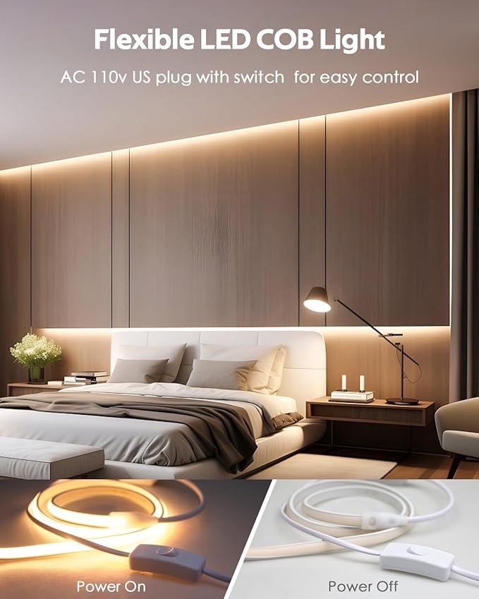120V Led Rope Lights Outdoor Waterproof 150FT 3000K Flexible COB Led Strip Lights+ LED Strip Connectors Kit for Single Color AC 110V-130V 6.5 * 11mm COB LED Rope Lights Includes 3 Power Cords