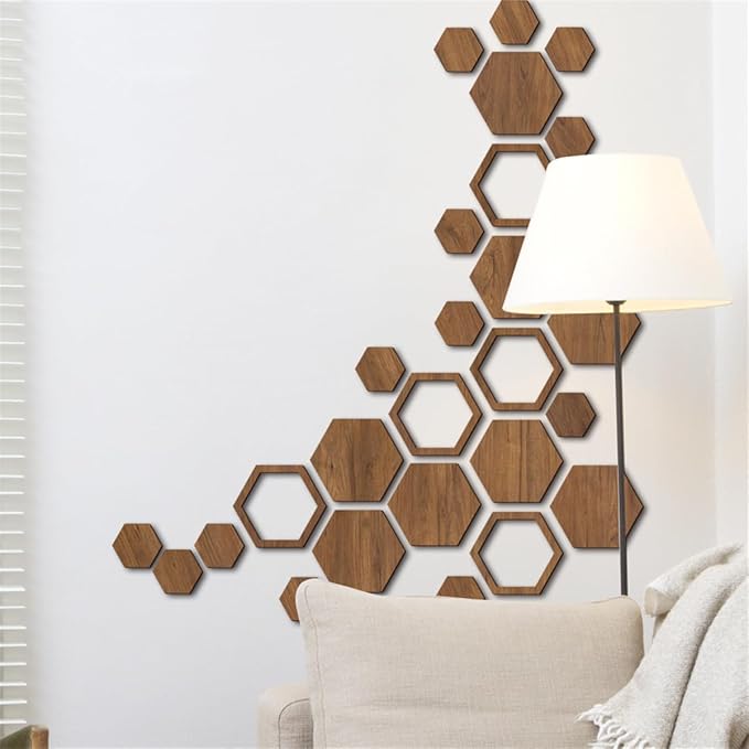 Wooden Hexagon Wall Art Decor, 27 PCS 3D Removable Hexagon Wall Stickers Honeycomb Decor, Wood Hexagon Wall Decor Panels DIY Hexagonal Wall Decals for Office Living Room Bedroom Home Wall Decoration
