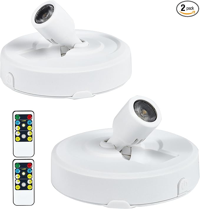 Wireless LED Spotlight Battery Operated Picture Lights, Stick Spot Lights with 2 Remote, Dimmable Puck Lights with Timmer for Wall Display Painting Dartboard Artwork Accent Closet, 2-Pack