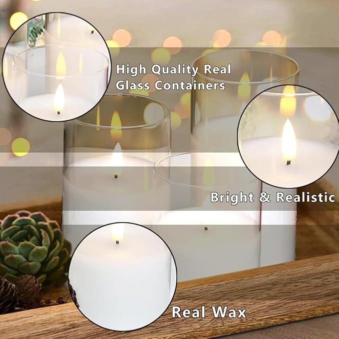 CANDLE CHOICE Real Wax Battery Operated Flameless Pillar Candles with Remote Timer Clear Glass Shell Realistic Black Wick Flickering Electric LED Lights Wedding Halloween Christmas Decorations 3 Pack