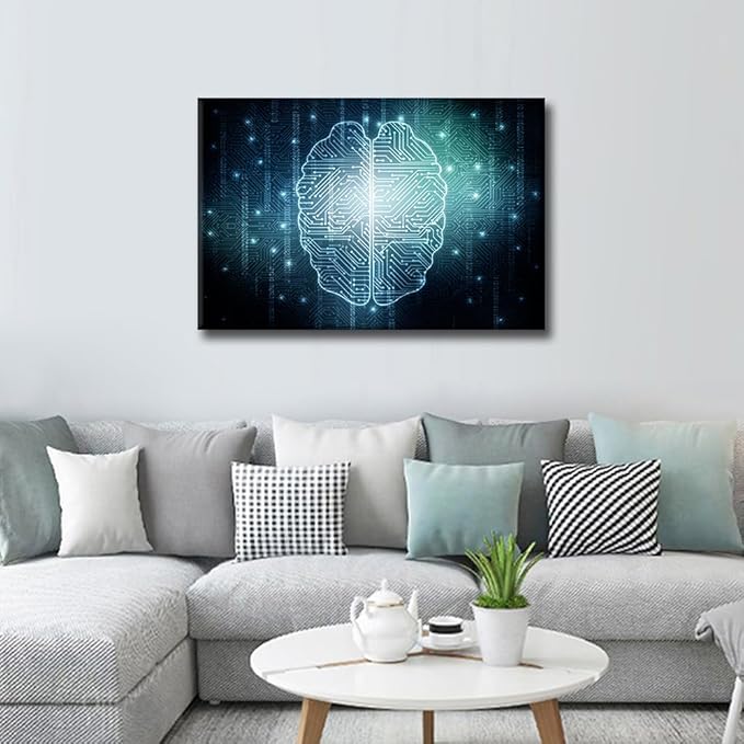 TUMOVO Artificial Intelligence Brain Wall Art for Bedroom Digital Age Canvas Painting CPU Concept Large Wall Art for Living Room Contemporary Home Decor 1 Panel Stretched Frame, 36x24in