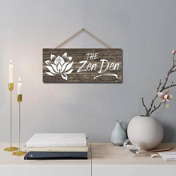 1 KINGO Farmhouse Zen Den Signs: Rustic Zen Den Yoga Studio Room Decoration Canvas Print Lotus Flower Wall Decor - Vintage Decorative Wooden Texture Wall Plaque for Home 6" x 15"