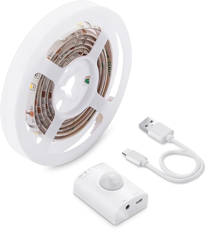 LUXJET Rechargeable Motion Sensor Wardrobe Light, 3.3ft Flexible LED Strip with 30LED, PIR and Light Sensor, Warm White Night Light for Bedroom, Kitchen, Wall, Closet, Cabinet