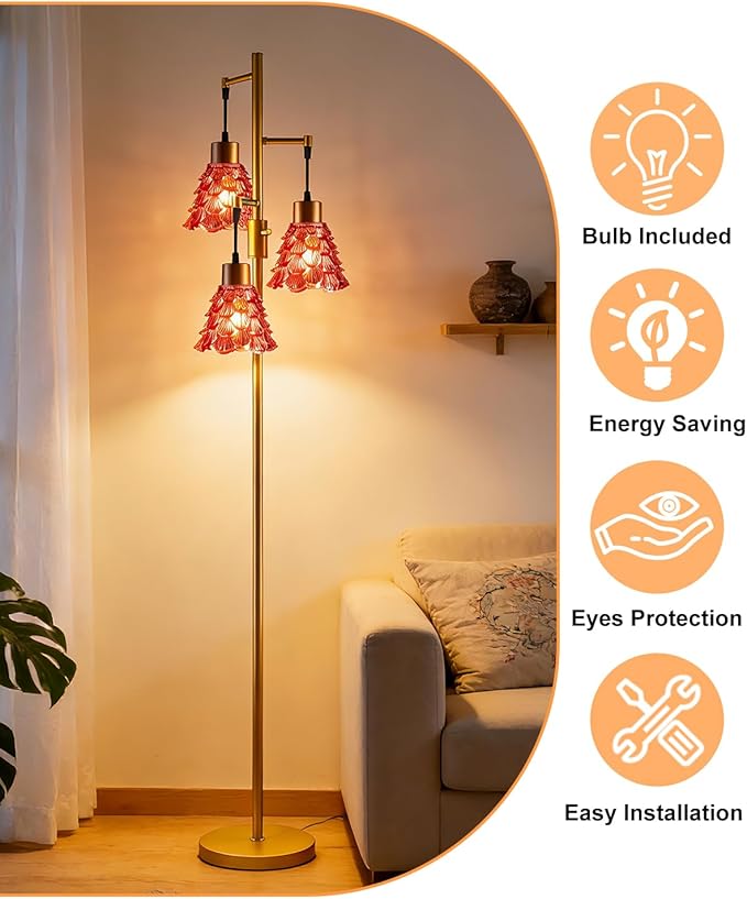 Glass Floor Lamps for Living Room, 67'' 3-Light Dimmable Floor Lamp with Rose Red Glass Shade& E12 Bulbs Included, Mid Century Standing Tall Lamp for Bedroom/Sofa Beside/Corner Decor-Gold