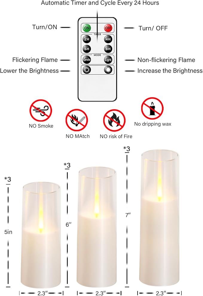 Flameless Candles with Remote Timer, Realistic Flickering Battery Operated Candles, Pillar LED Candles Set of 9 for Home Decor (White)