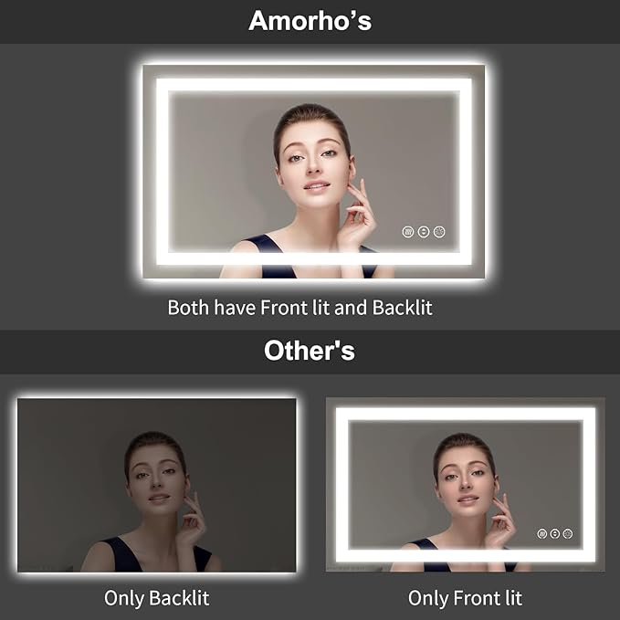 Amorho LED Mirror for Bathroom, 24" X30" Mirror with Front Light and Backlit, Stepless Dimmable, Shatter-Proof, Memory, 3 Colors, Wall Mount (Horizontal/Vertical)