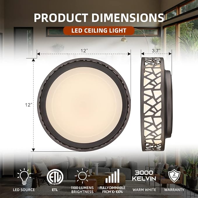 Flush Mount Ceiling Light, 12 inch 15W LED Dimmable Lighting Fixture, 3000K Warm White, Oil Rubbed Bronze Fihished, ETL Listed for Kitchen, Hallway, Bedrooms (Metal Body and Acrylic Shade)