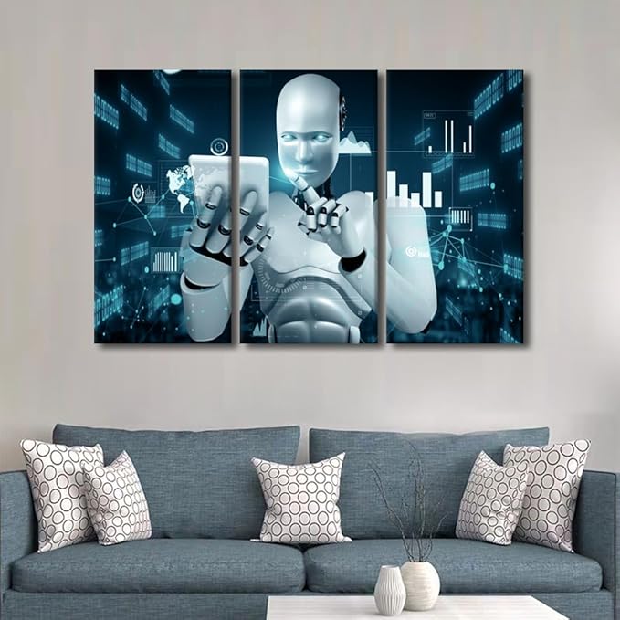 Banquet Art Prints for Wall Decor 3 Pieces Framed Wall Art AI Intelligence Modern Artwork for Home Walls Robot Canvas Prints Room Wall Decor Framed Ready to Hang Posters, 60" Wx40 H