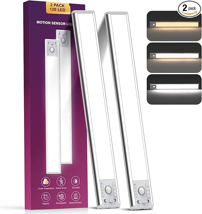 OTWKAY 14.5inch Under Cabinet Lighting with 3 Color Temps, 2 Pack Rechargeable Motion Sensor Lights Indoor, Dimmable Under Counter Lights for Kitchen, Closet