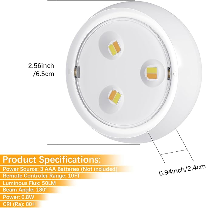 10 Pack LED Puck Light with Remote, 3 Color Battery Operated Dimmable Push Tap Light, Portable Under Cabinet Lighting Stick On, for Closet Kitchen