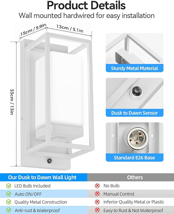RAYVO Modern Outdoor Wall Light with Dusk to Dawn Sensor, Waterproof Exterior Lighting Fixtures with E26 Base, 3000K LED Bulb Included, Outdoor Sconce Lights for Porch Garage Entryway