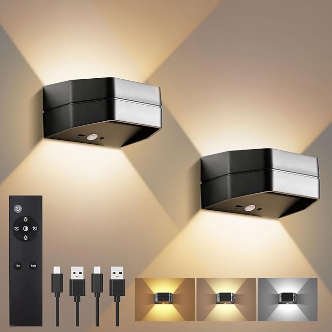 ALOVECO Motion Sensor Wall Light with Remote Control 4800mAh Rechargeable Battery, 3-Color Dimmable Wireless LED Wall Lamp Indoor Up/Down Wall Sconce for Hallway, Living Room, Stairs, Bedroom (2 Pack)