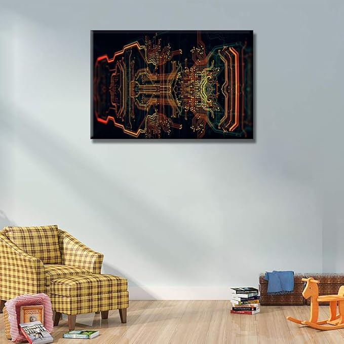 LSIUHWUWI Canvas Wall Art Circuit Board Art Wall Pictures for Living Room Computer Chip Wall Painting House Decoration CPU Concept Bedroom Wall Decor Modern Artwork Framed Ready to Hang 16X24 INCH