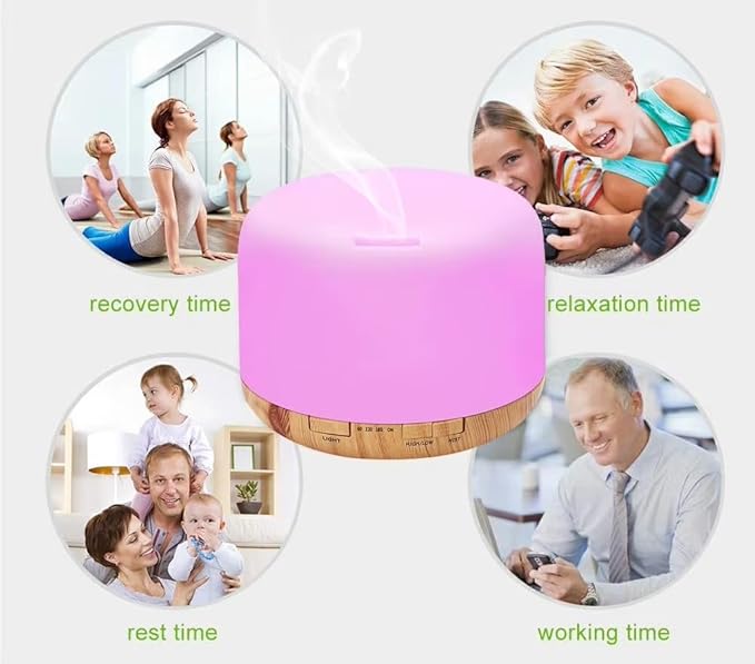 500ml Home/Office Aroma Diffuser, Essential & Fragrant Oil Vaporizer with Multi-Color Lighting for Night Stand, Desk, Table, Remote Control, Timer & Auto-Off Switch, Brown, Premium