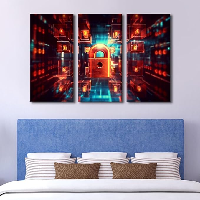 Wall Art for Living Room Multi Panels Modern Wall Decor Concept of Cybersecurity and Data Protection Picture Poster, Wooden Framed Gallery-Wrapped Ready to Hang, 60" Wx40 H