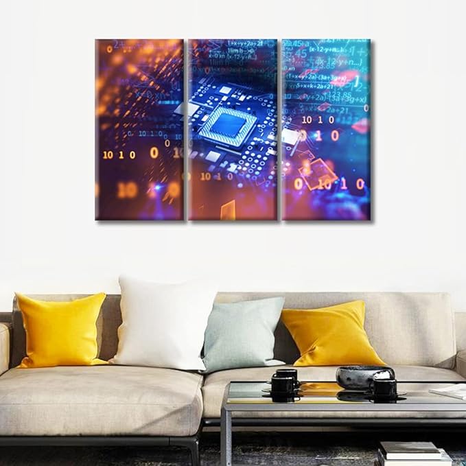 TUMOVO CPU Concept Poster Canvas Wall Art Computer Processors CPU Pictures Black and White Wall Art 3 Panel Motherboard Digital Chip Bedroom Posters and Prints Framed Ready to Hang (42" Wx28 H)