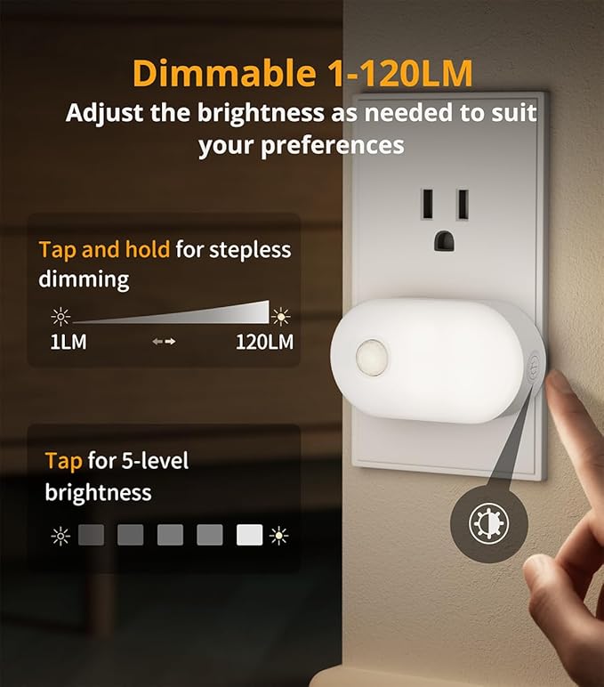 Lyridz 120LM Ultra Bright Plug-in Motion Sensor Night Light, Stepless Dimmable LED Nightlight, Always-On and Auto-Off, for Hallway, Stairs, Bathroom, Bedroom, Garage, Cool White (2-Pack)