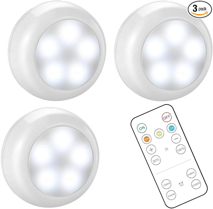 BLS Wireless LED Puck Lights with Remote Control, AA-1030 Battery Operated Lights with 3 AA Batteries, Stick on LED Under Cabinet Lighting with Timer& Dimmable, Cool White and Warm White (3 Pack)