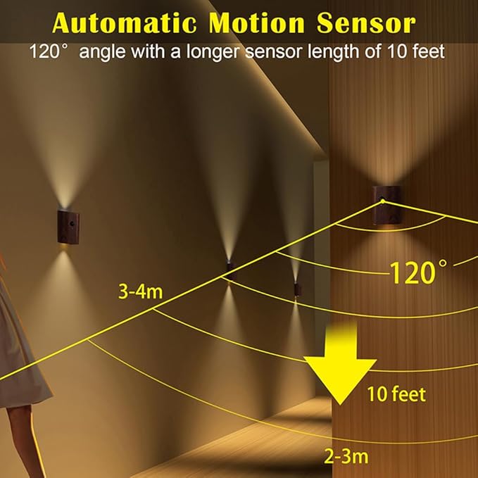 LANDGOO 1-Pack Wood Step Light with Motion Sensor, Rechargeable Stair Night Light, Sapele Wood 2700K Warm White LED Wall Lamp, Easy No-Wire Installation for Hallway Bedroom