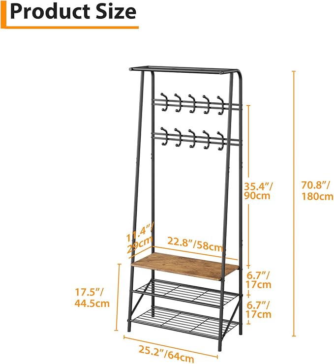 25" Coat Rack Hall Tree Shoe Rack Bench with Hooks, 4-Tier Shelf Entryway Coat Hanger Stand with Storage, Freestanding Metal Frame Multifunctional Hallway Organizer, Accent Furniture for Bathroom