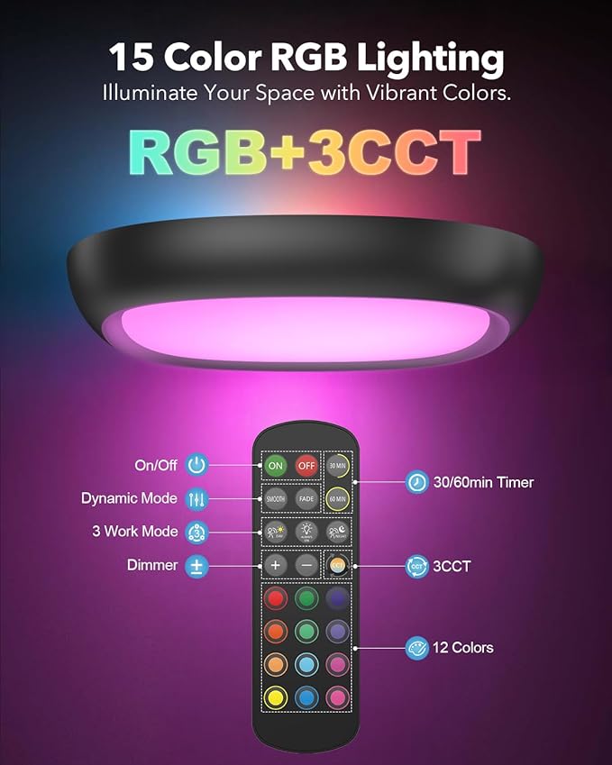2 Pcs Motion Sensor Rechargeable Ceiling Light with Remote, 12000mAh 550LM Wireless Shower Lights for Inside Shower, Battery Operated RGB Closet Lights Sensored LED Overhead Garage Lighting No Wiring